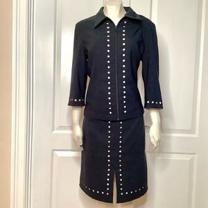 SPANNER  Vintage Blazer & Skirt Set Black & Pink Lining & Polkadot TrimFront Zip